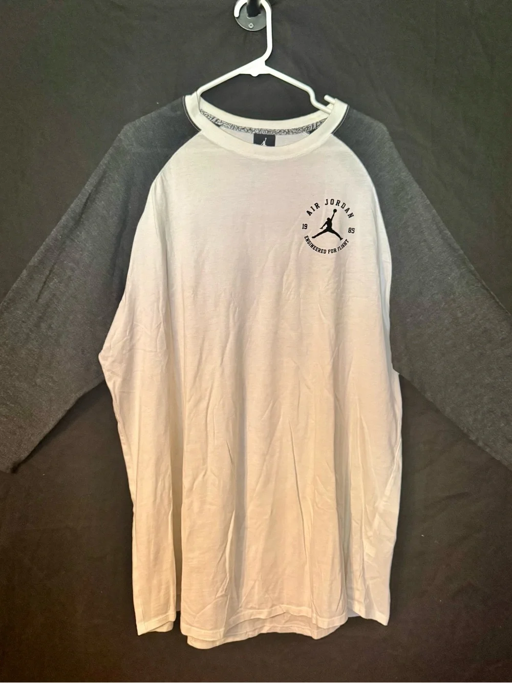 Jordan Men's White Baseball Raglan Long Sleeve Shirt with Gray Sleeves